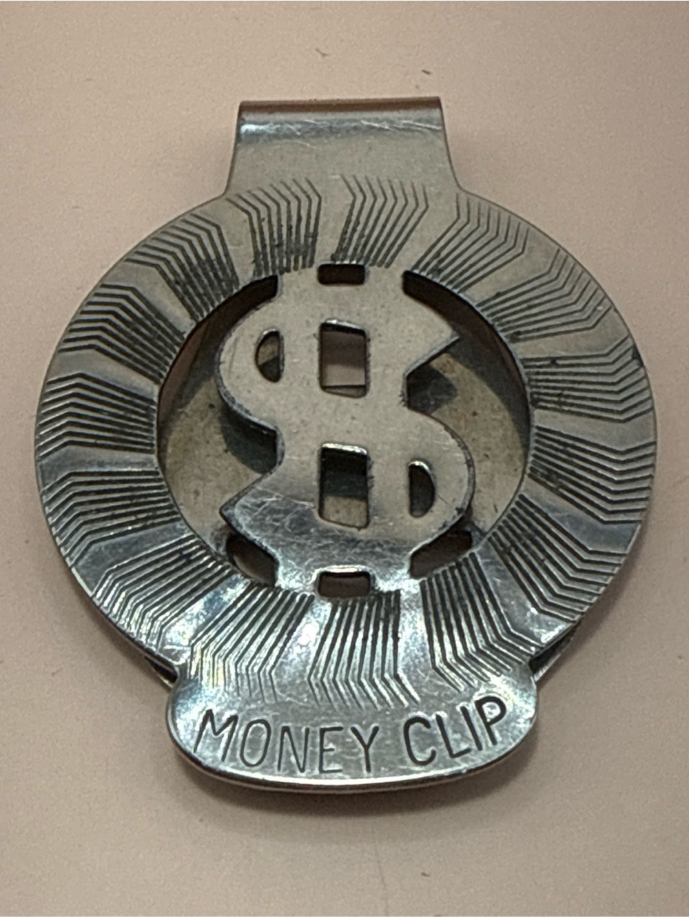 Vintage Circle Dollar Sign Money Clip Men ID Credit Card Holder Silver Toned
